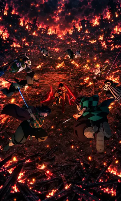 Anime battle montage in a burning landscape